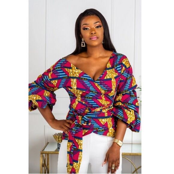 L'AVIYE African Print Off Shoulder Wrap Blouse - Picture 2 of 5